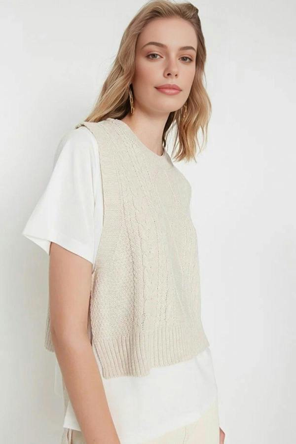 WOVCOR Crop Knit Sweater with Side Ribbon Tie Detail