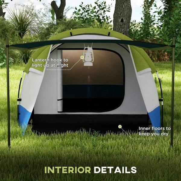 Tent front interior view with lantern hook area, green top and white/blue walls