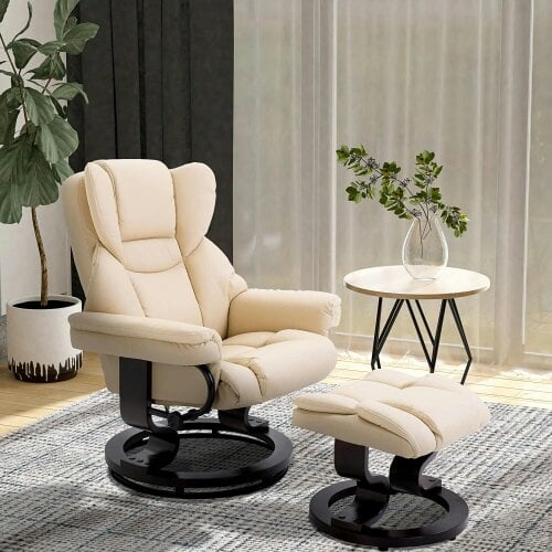 Bobobiy 360° Swivel Recliner Chair with Footstool, PU Leather Manual Recliner Armchair with Footstool, Solid Wood Base, Cream