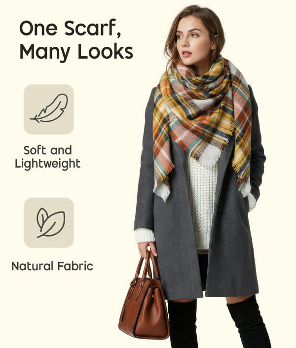 VIA MONTEN Women’s Vintage Plaid Scarf, Oversized Winter Scarf Wrap with Fringe, Soft Large Shawl for Cold Weather Styling