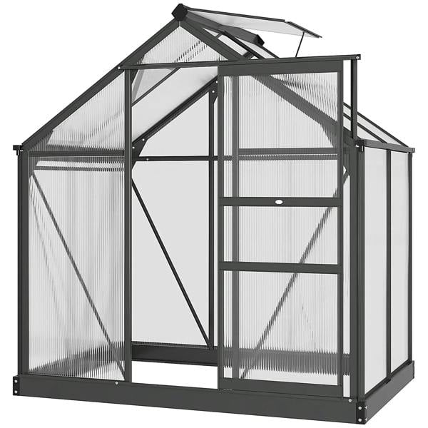 Grey aluminum walk-in greenhouse with clear polycarbonate panels, sliding door, and side window