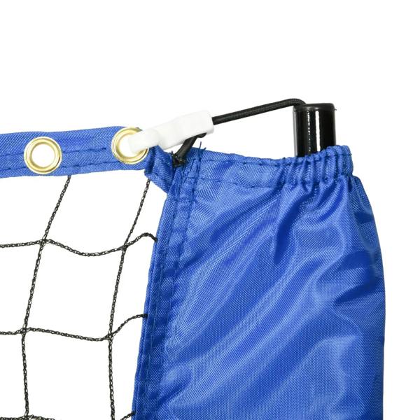 Close-up of blue net edge with grommets and drawstring carry bag