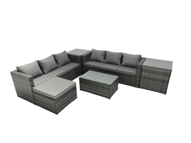 Fimous Rattan Garden Furniture Dining Set 7 seater Patio Coffee Table Sofa Set with 2 Side Tables Big Footstool Dark Grey Mixed