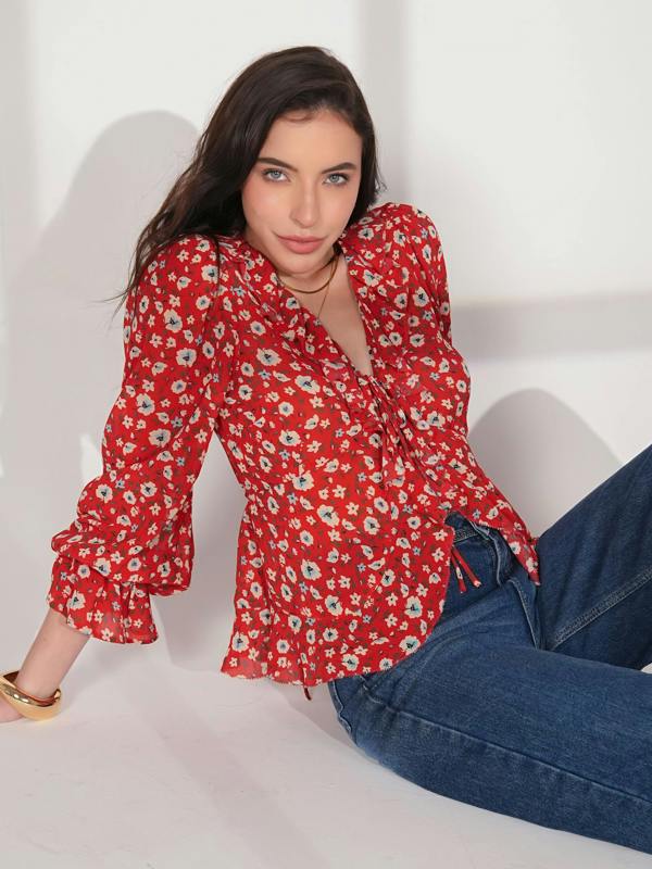 Rose & Nancy Philippa Red Floral Print Ruffle Blouse