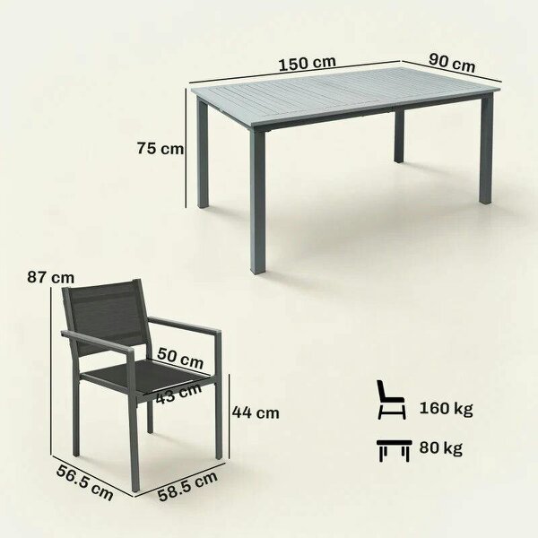 Garden Dining Set with Acacia Wood Table Top, Outdoor Table and Stackable Chairs Set for 6 with Texteline Seat, Grey