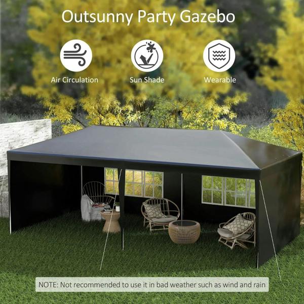 Black outdoor party tent gazebo with transparent windows and interior seating set