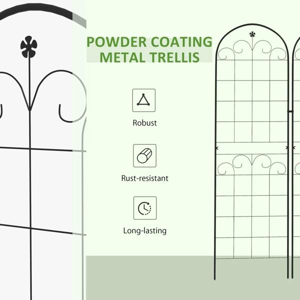 Black powder-coated metal trellis with arched grid design and decorative scrollwork
