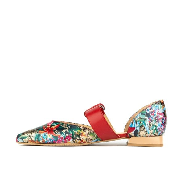 Embassy London Lush - Red & Floral - Women's leather pointed ballet pump with buckle strap