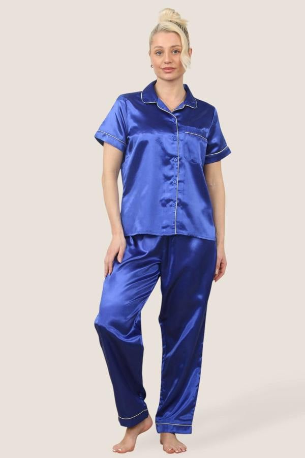 Luxe Satin Short Sleeve PJ Set – ROYAL BLUE - Elaina Fashion