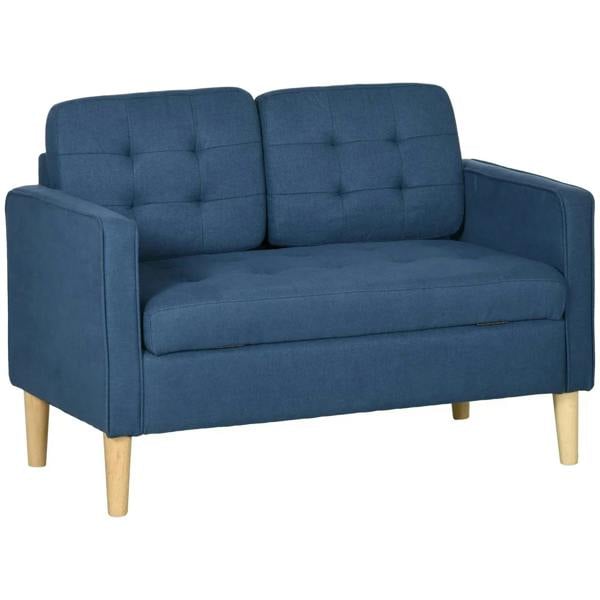 Blue tufted 2-seater loveseat sofa with square arms and wooden legs
