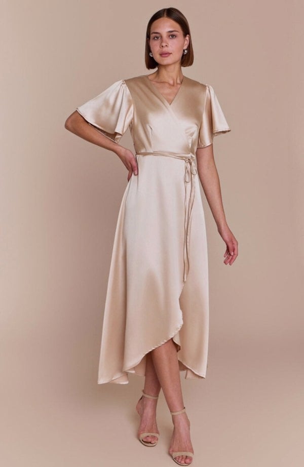 Rewritten London Florence Waterfall Dress in Champagne Satin