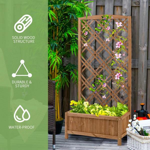 Brown wooden planter with trellis beside outdoor greenery, showing durable structure