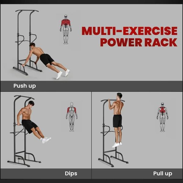 Black multi-exercise power rack base with top pull-up bar and dip handles