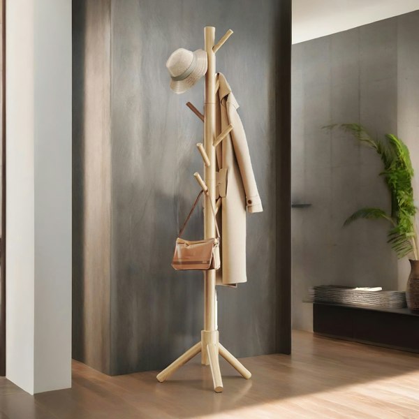 Rafaelo Mobilia Wooden Coat Stand Stand With 8 Hooks Natural Brown