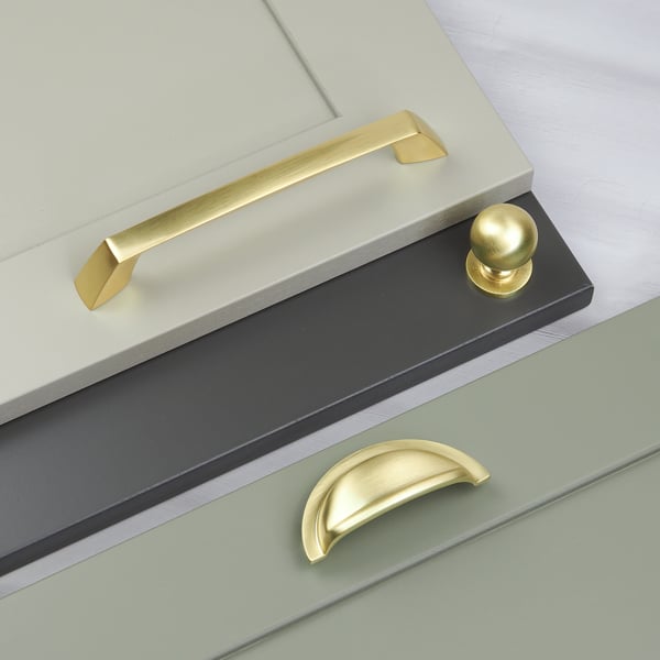 Handle & Home Brushed Brass Coordinating Tapered Handle, Cup Handle, and Coordinating Knob