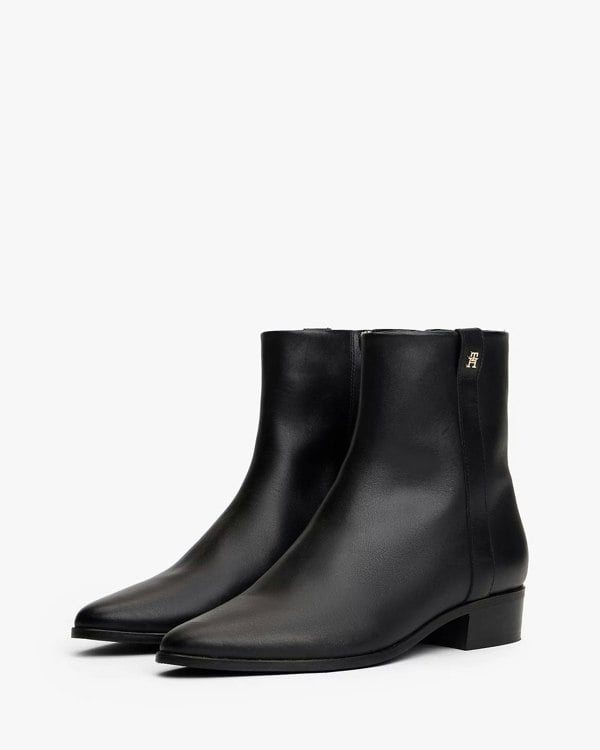 Tommy Hilfiger TH Leather Pointy Womens Zipped Booties - Black
