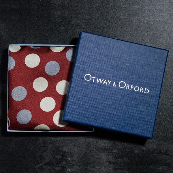 Polka dots design silk pocket square in maroon with grey and cream by Otway & Orford folded in gift box