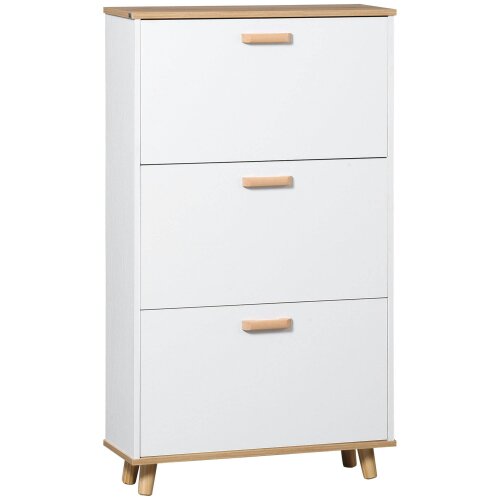 Wyld Haus Ellora Lera Wooden White and Natural Slim Shoe Cabinet With 3 Flip Drawers For 12 Pairs