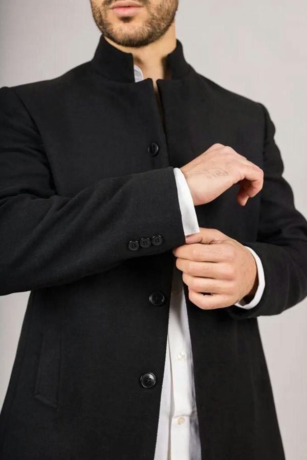 Infinity Leather Men's Black Stand Collar Wool Blend Overcoat