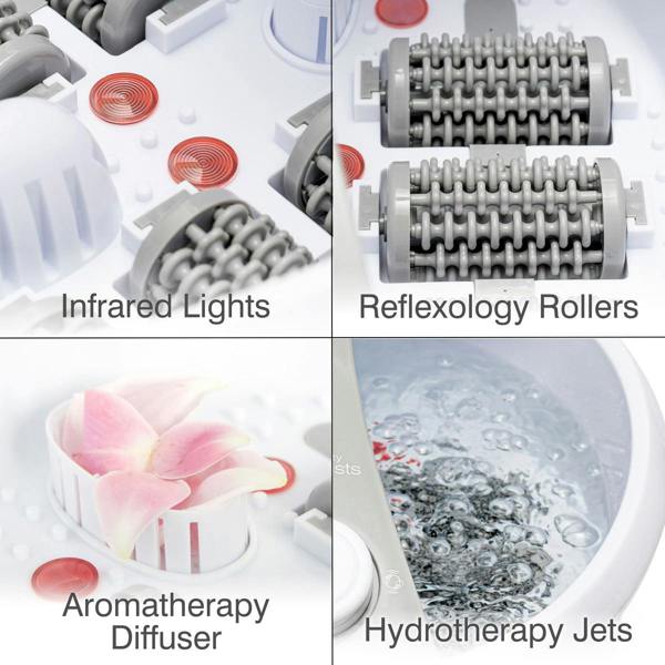 A collage showcases the Rio Deluxe Foot Spa Bath and Massager with labeled features: infrared lights, reflexology rollers, an aromatherapy diffuser with flower petals, and hydrotherapy water jets.