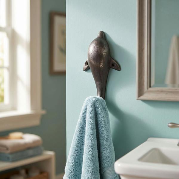Dolphin-shaped cast iron wall hook mounted on a painted wall, holding a blue towel in a cozy bathroom scene.