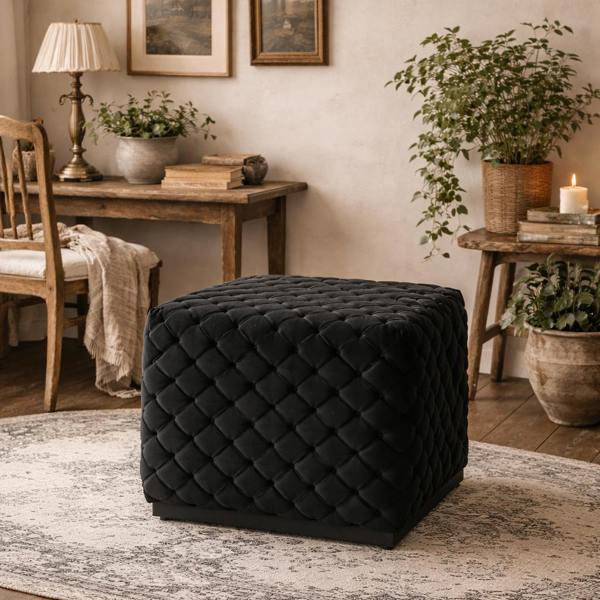 Wyld Haus Parker Small Black Diamond Tufted Square Pouffe