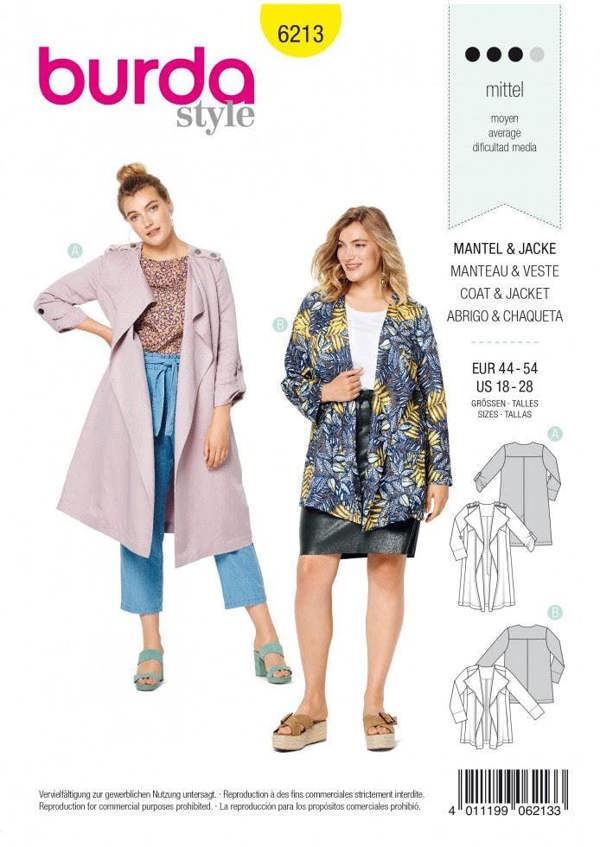 Burda Sewing Pattern 6213 Coats and Jackets For Women, Sizes 14-22 - Intermediate
