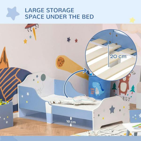 Blue and white toddler bed frame with guardrails and open space under the bed