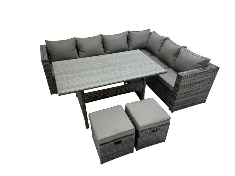 Fimous Rattan Garden Furniture Set Outdoor 8 Seater Patio Dining Corner Sofa Sets with Dining Table 2 Small Footstools Dark Grey Mixed
