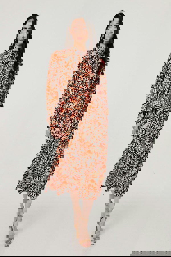 Orange | Floral Long Sleeve Midi Shirt Dress
