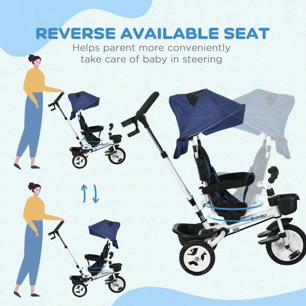Blue baby tricycle stroller with reverse-facing seat and canopy