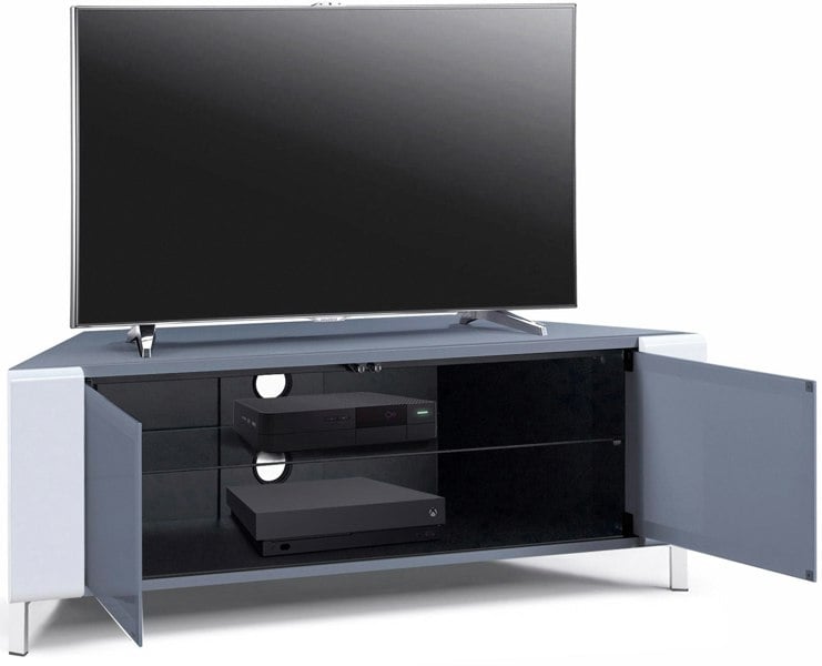 MDA Designs CORVUS Corner-Friendly Grey BeamThru Glass Doors with White Profiles Contemporary Cabinet for Flat Screen TVs up to 50"