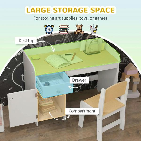 White kids desk and chair set with drawer and side storage compartment