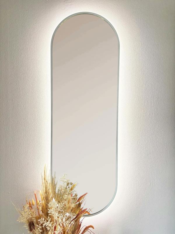 Downton Interiors LED Backlit White Modern Tall Metal Frame Oval Wall Mirror - 120cm