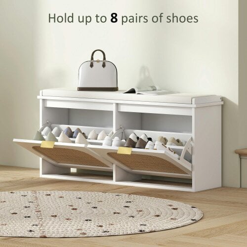 Wyld Haus Hano Wooden White Boho Style Shoe Bench With Cushioned Seat And 2 Flip Drawers