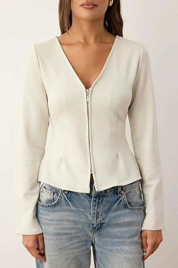 WOVCOR V-Neck Zip-Up Knitted Blouse