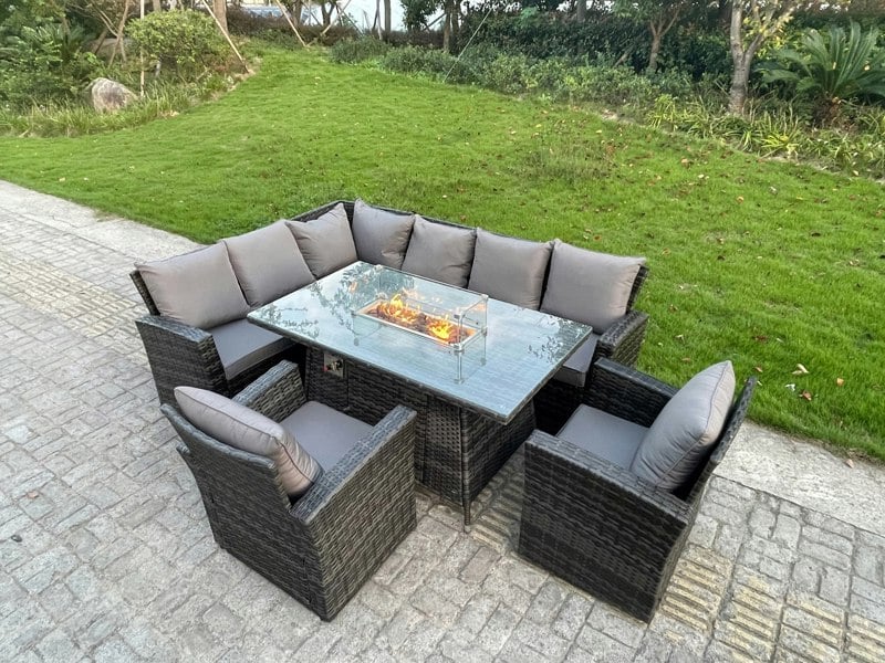 Fimous Outdoor Rattan Corner Sofa Garden Furniture High Back Sofa Set Gas Fire Pit Dining Table Gas Heater Burner 2 Arm Chair 8 Seater