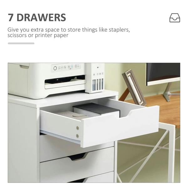White seven-drawer filing cabinet with one open drawer and black pull handle