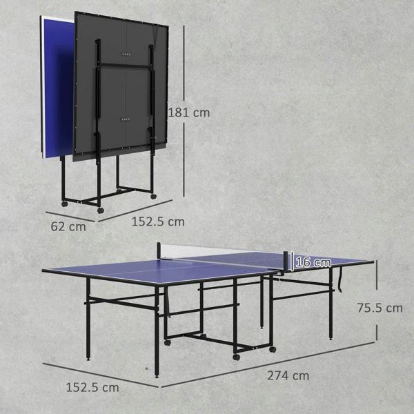Blue folding table tennis table with net, with labeled size and height measurements