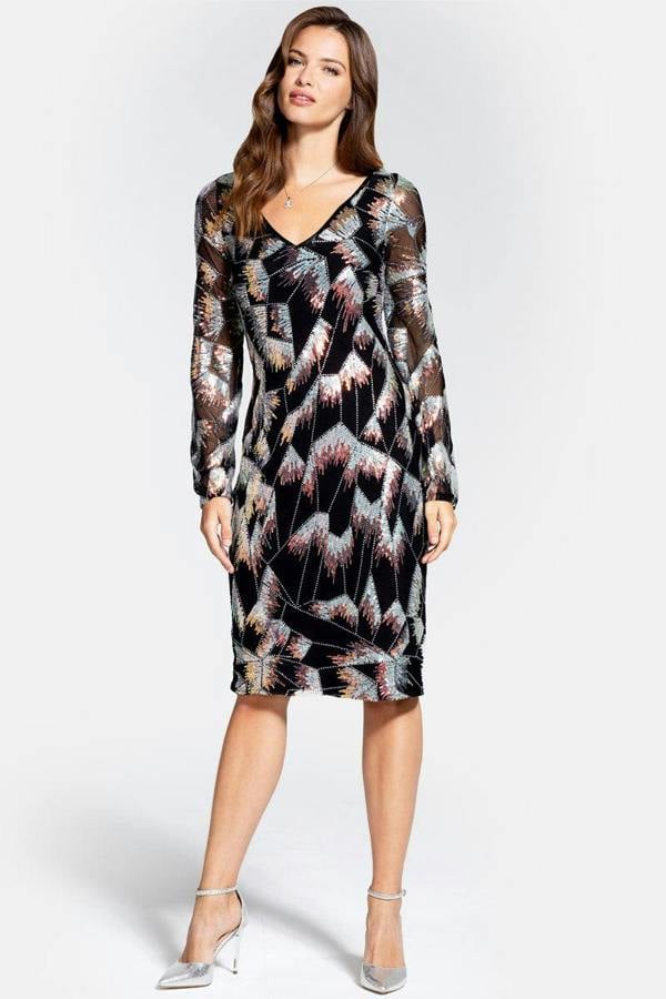 HotSquash Blouson Sleeve V Neck Sequin Dress