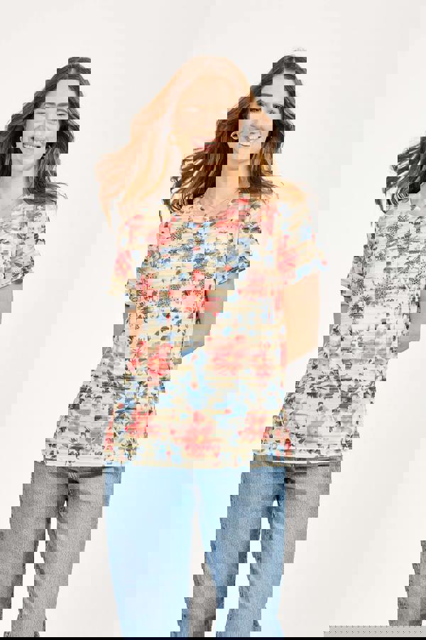 Mudflower Floral Stripe Print Embellished Top