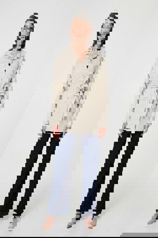 Beige | Faux Suede Tie Waist Relaxed Shacket
