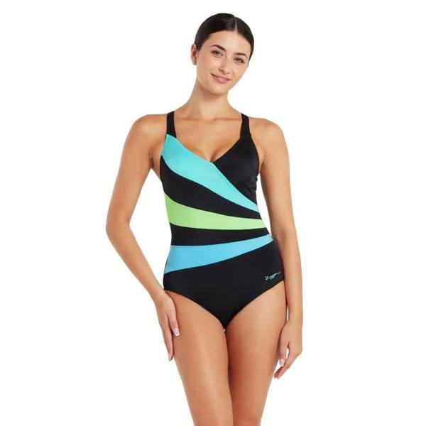Zoggs wrap panel classicback swimsuit in black with colorful green stripes