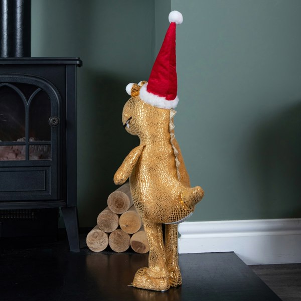 Samuel Alexander 60cm Gold Plush Tyrone-Rex Dino Standing Christmas Decoration with Santa Hat