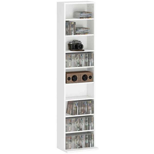 White narrow CD storage unit with open shelves for CDs