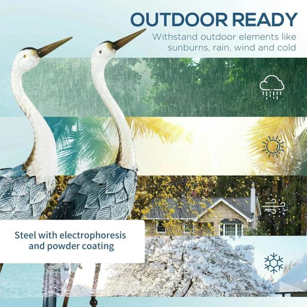 Two outdoor-ready steel crane ornaments, white heads and blue feather scales with gold legs