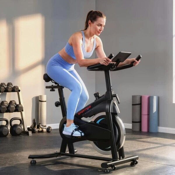 Exercise Bike, Indoor Stationary Bike with Smart APP, 0-100% Magnetic Resistance, Adjustable Seat & Handlebars, Wheels