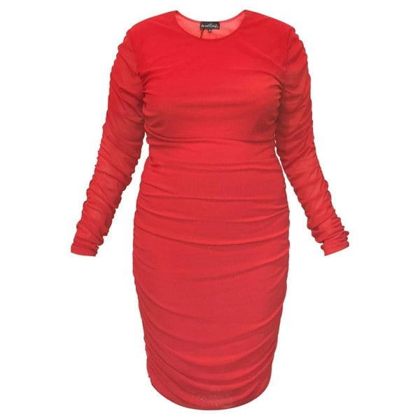 Women's Red Plus Size and Mid Size Boudicca Ruched Bodycon Midi Dress shown as a cutout.