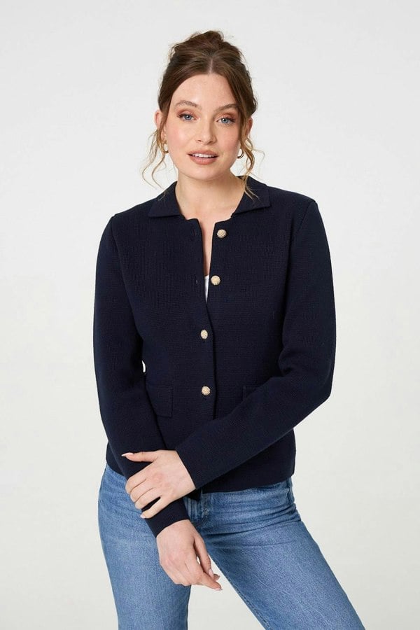 Navy | Textured Button Front Collared Jacket
