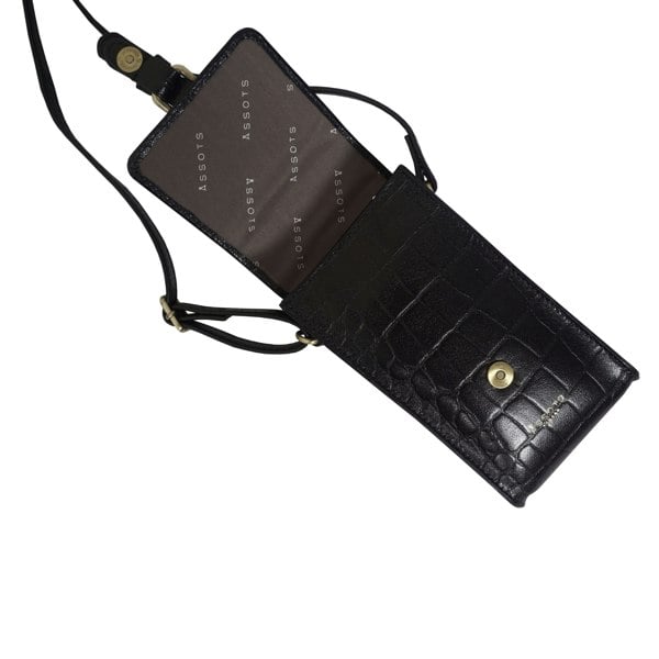 Assots London 'PETRA' Black Croc Real Leather Mobile Phone Crossbody Bag